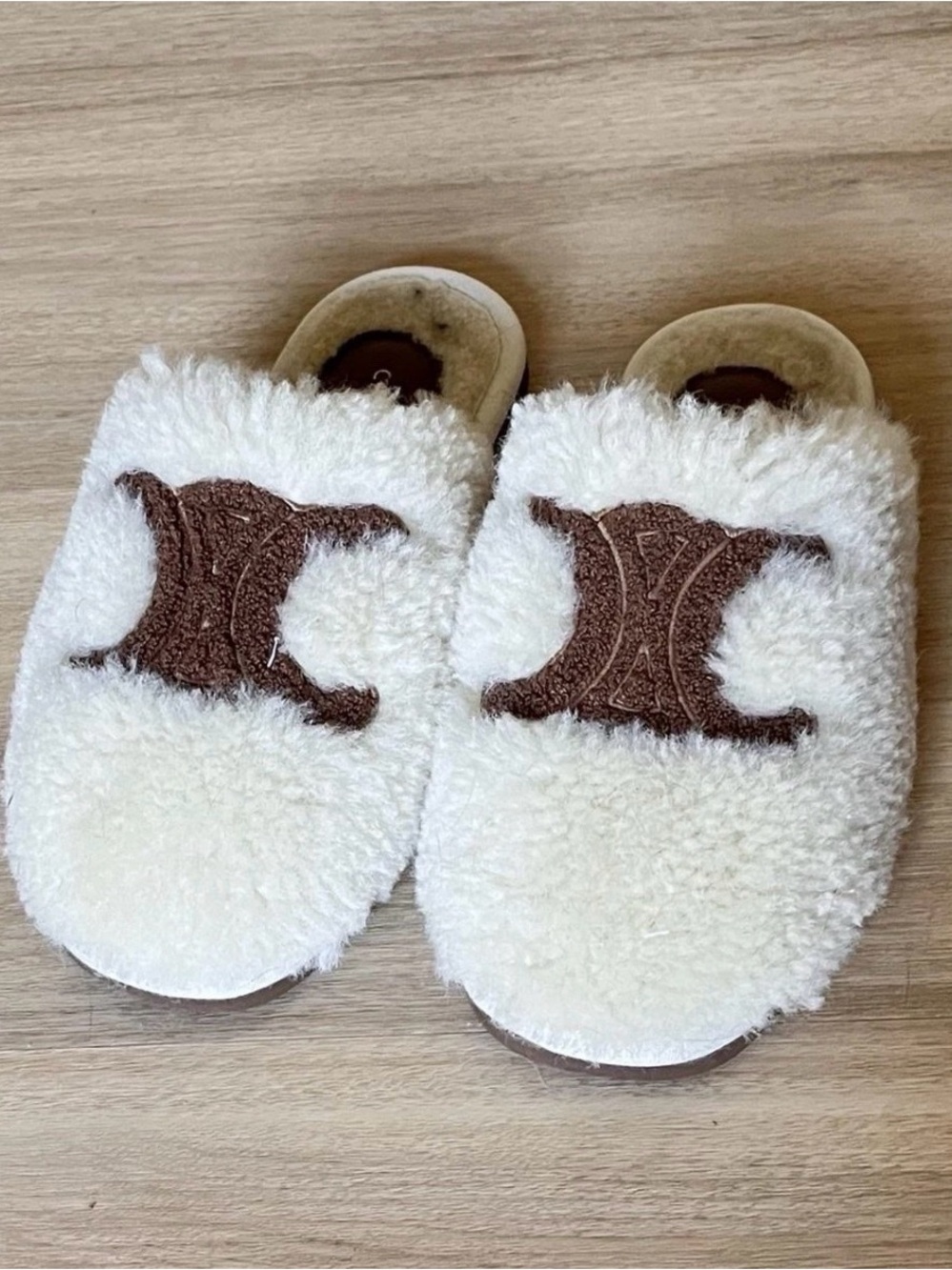 Authentic Celine Cream Shearling Slide Slippers with Brown Logo